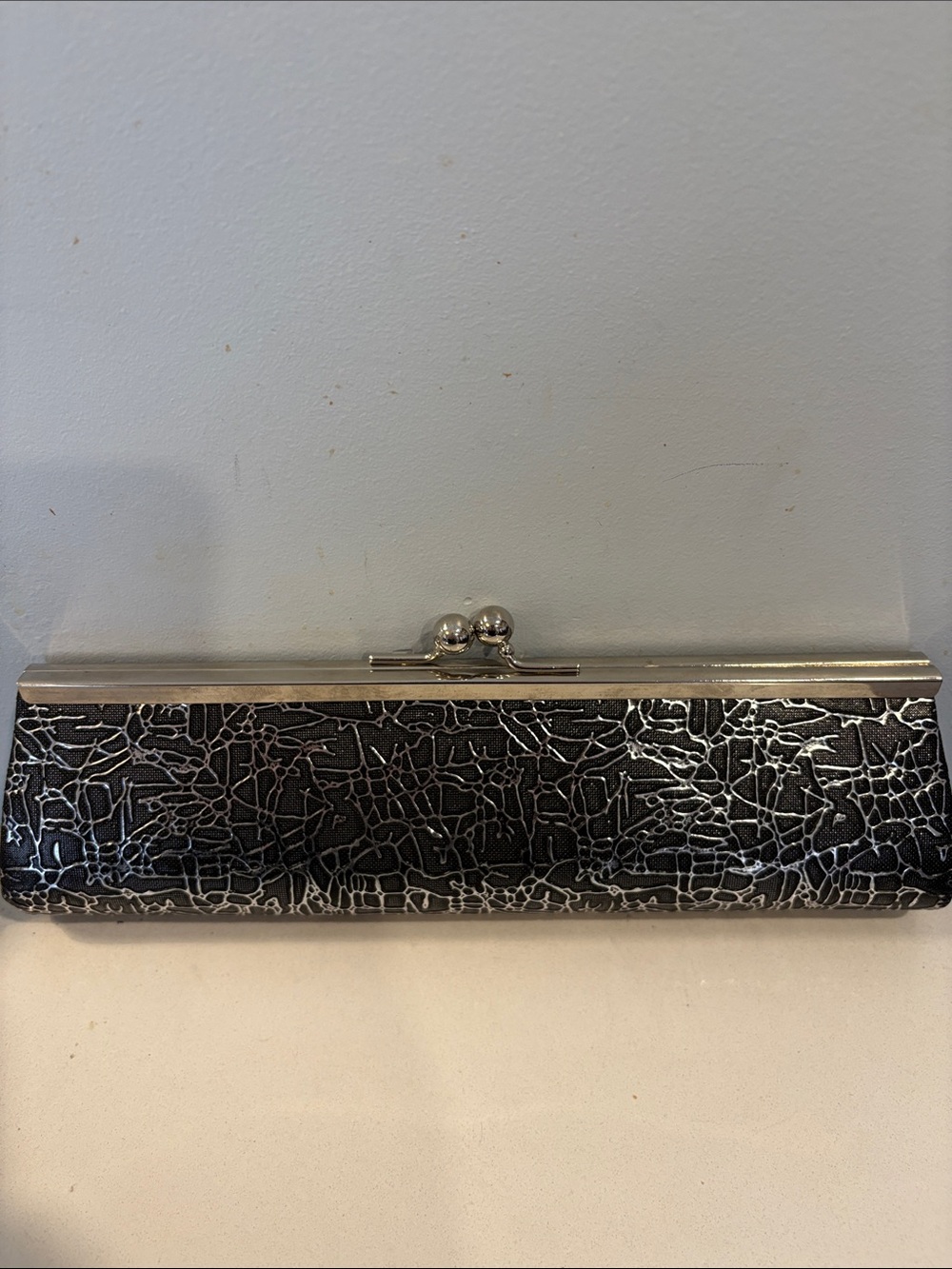 Vintage Look Black Metallic Crackle Clutch with Silver Frame